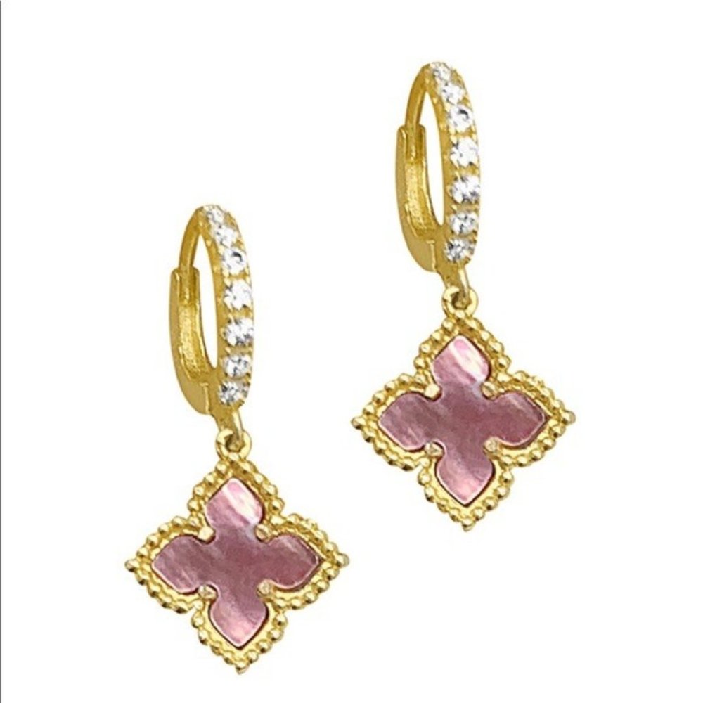 NWT ADORNIA 14K Plated Gold Floral Dangle Hoops Pink Mother of Pearl - Picture 1 of 5